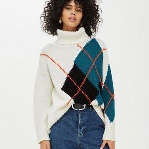 Topshop Oversized Argyle Turtleneck Sweater Cream Black Green Size 4 Small